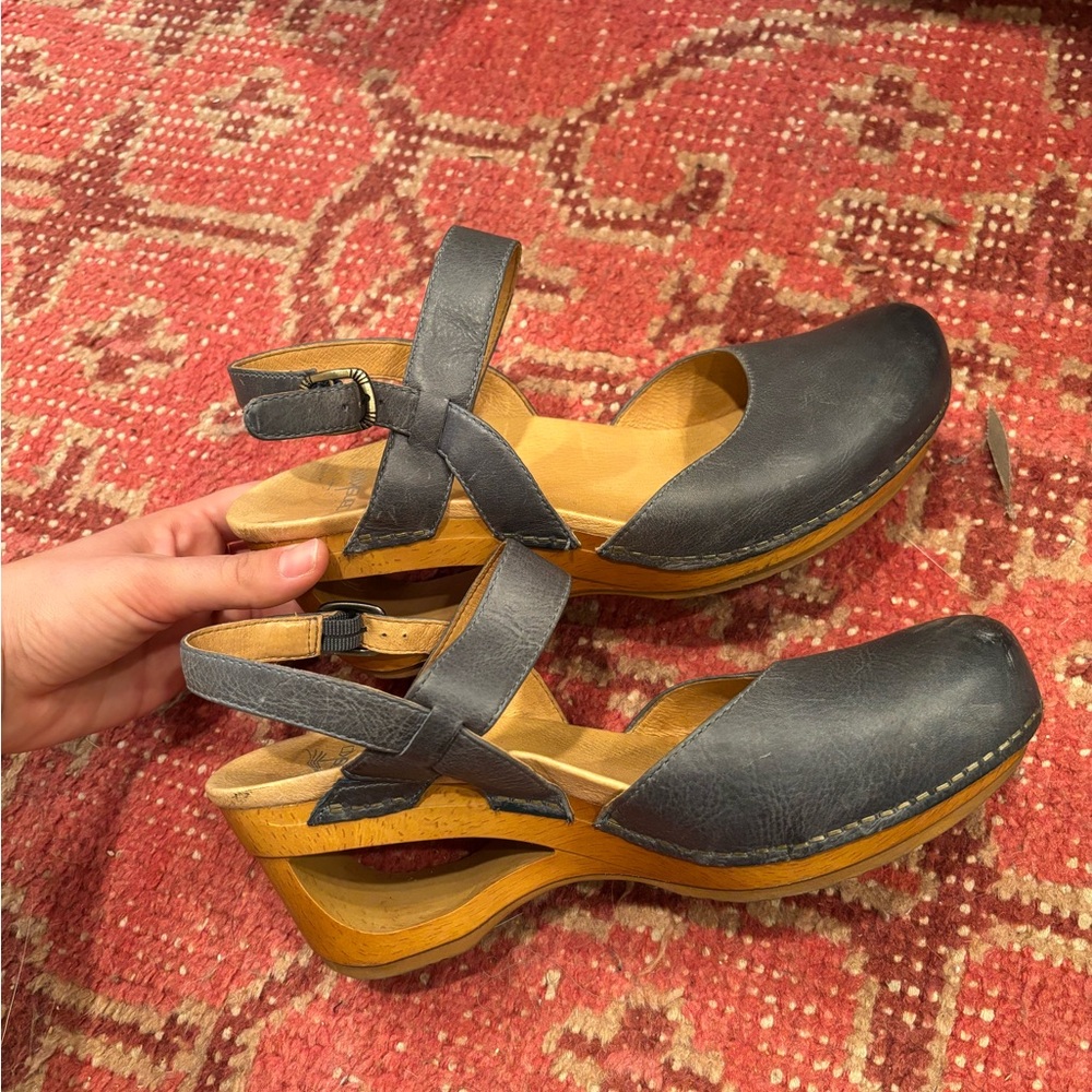 Blue-gray Dansko heeled clogs